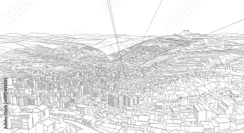 A sprawling, dense cityscape unfolds across hilly terrain, with cable cars overhead
