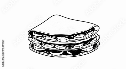 A stack of three folded crepes filled with banana slices and spread