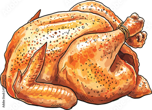 Detailed Hand Drawn Roasted Whole Turkey Illustration with Seasoning and Herbs for Rustic Thanksgiving Dinner, Gastronomy Menus, and Organic Food Culinary Art