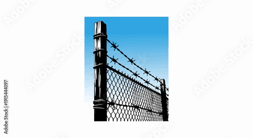 A stark black and white barbed wire fence against a gradient blue sky