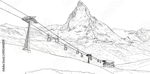 A ski resort scene featuring a prominent, sharp mountain peak with cable cars ascending