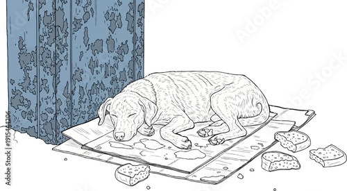 A sleeping dog lies on cardboard near a weathered wall, with scattered pieces of bread