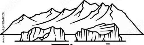 A stark black and white illustration depicts jagged mountains above fragmented ice floes