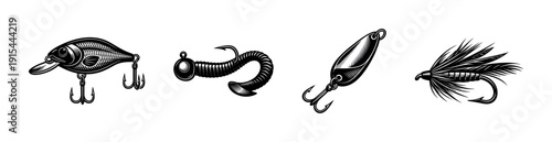 Fishing lures flat vector icons set: hooks, baits, tackle illustrations collection