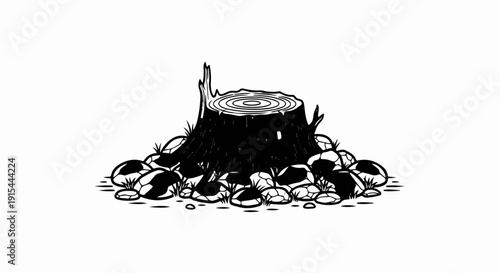 A stark black and white illustration depicts a weathered tree stump surrounded by rocks
