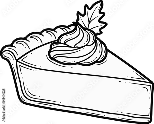 A slice of pie with whipped cream and a decorative leaf