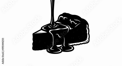 A slice of rich cake is adorned with a cascade of glossy, dark chocolate sauce