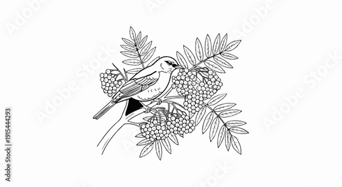 A small bird perches on a branch laden with berries and leaves