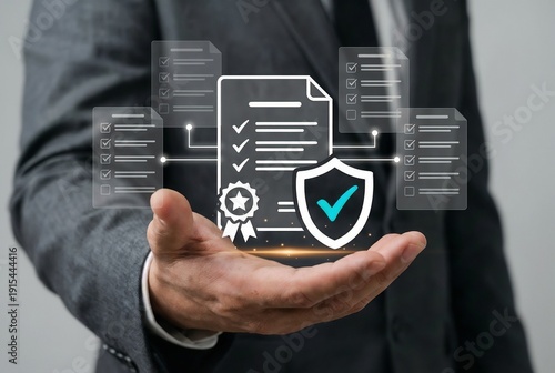 Businessman presenting digital insurance policies and quality certifications in hand to guarantee asset protection, validate compliance checklists, manage liability, solutions for secure corporate gov