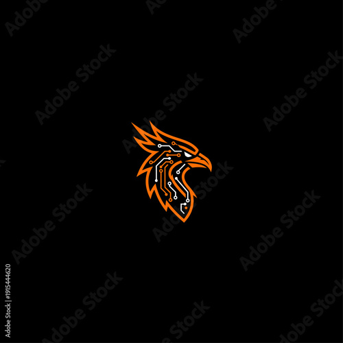Abstract eagle head logo with circuit board details in orange and black color scheme