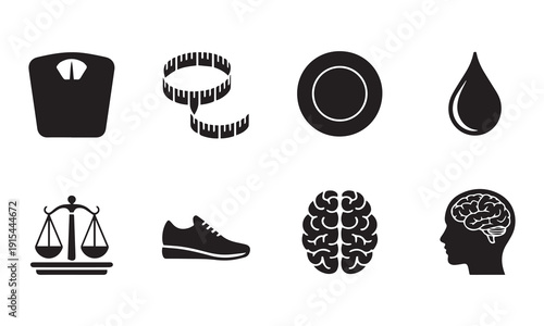 Health, Fitness and Psychology Icons Set – Weight Scale, Measuring Tape, BMI, Water Drop, Justice Balance, Running Shoe and Brain Mental Wellness Symbols