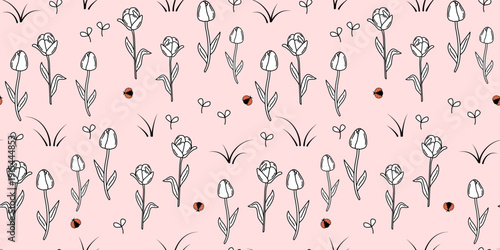 cute abstract hand drawn simple horizontal seamless vector pattern illustration with black and white poppy flowers, grass and red ladybug insects on pink background