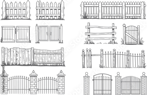 Wooden and metal fence collection set, garden gates and boundary enclosures isolated on white background illustration