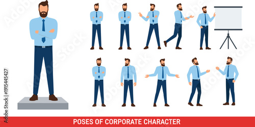 Cartoon corporate character with beard, professional businessman poses in blue shirt and tie, office gestures, presentation board, confident body language illustration