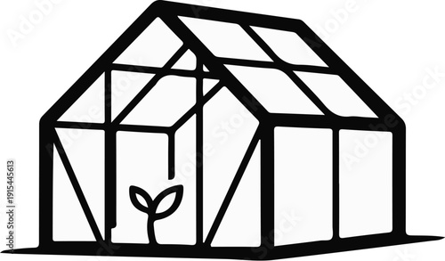A simple line drawing of a greenhouse with a small plant