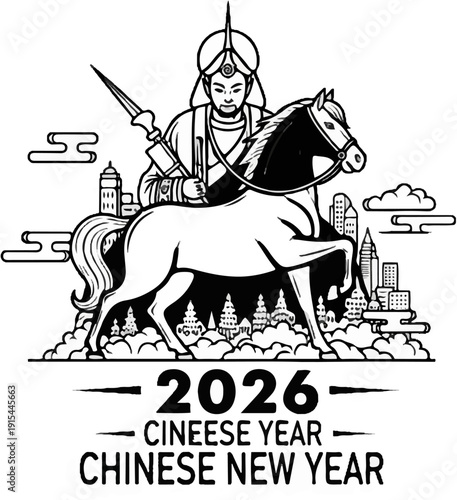 A regal warrior on horseback surveys a city skyline under a celebratory banner