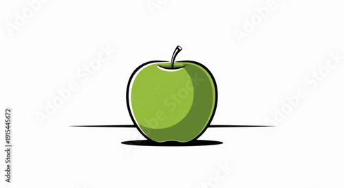 A simplified green apple with a black outline sits on a white background