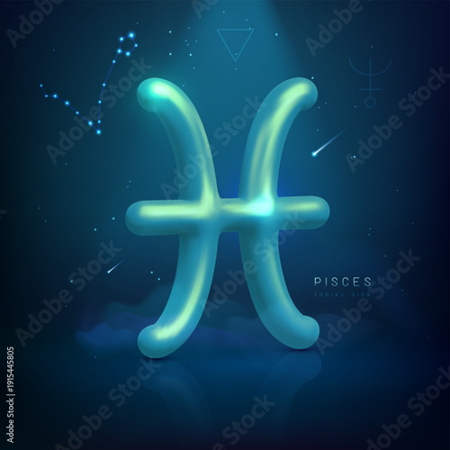 3d metallic magic astrology Pisces zodiac sign and constellation on space background. Vector illustration