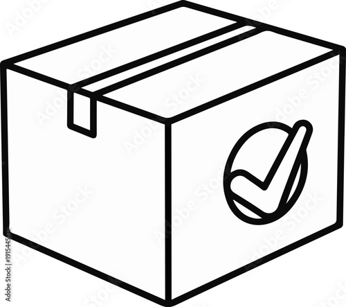 A simple line drawing of a closed cardboard box with a checkmark symbol