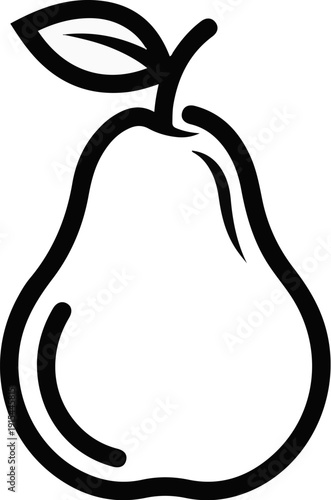 A simple black and white outline drawing of a pear with a stem and leaf