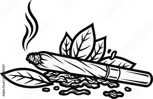 A smoking cigar rests on leaves and loose tobacco, with wisps of smoke rising