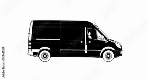 A stark black outline of a cargo van, rendered in a minimalistic, graphic style