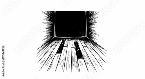 A stark black opening emerges from a radiating light on a wooden floor