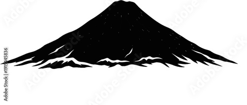 A stark black silhouette of a conical mountain with a snow-capped base against a white background