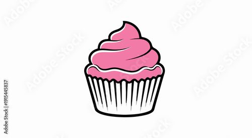 A simplified pink frosted cupcake in a fluted liner with black outlines