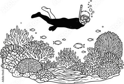 A snorkeler glides above a vibrant coral reef teeming with small fish and marine life