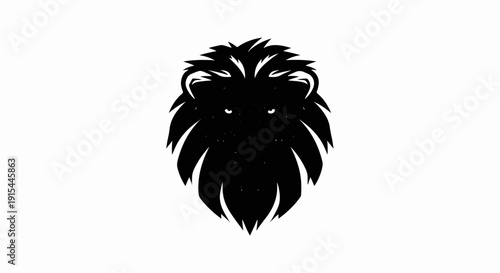 A stark black silhouette of a lion's head with a prominent mane and fierce eyes