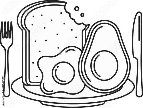 A simple line drawing of a breakfast plate with toast, avocado, and eggs