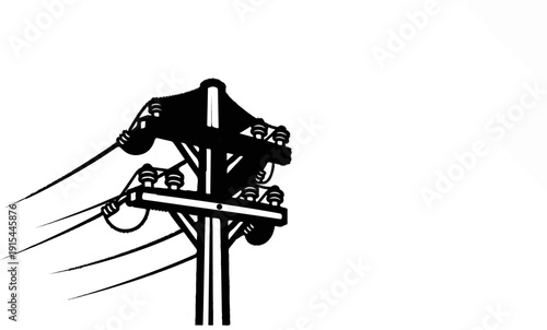 A stark black silhouette of a telephone pole with wires extending outwards