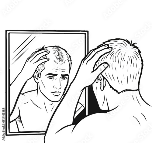 A man examines his thinning hair in a mirror, looking concerned