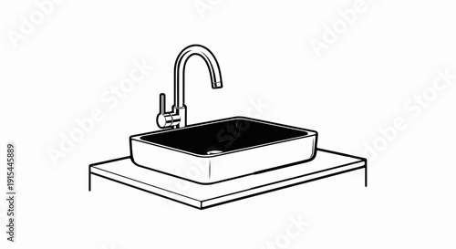 A simple line drawing of a bathroom sink with a faucet