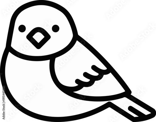 A simplistic black and white line art illustration of a small, plump bird