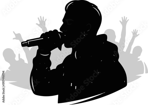 A singer in silhouette performs into a microphone before a cheering audience