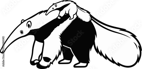 A mama anteater carries her baby on her back in a black and white drawing