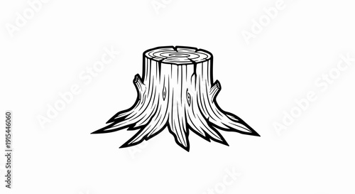 A stark, hand-drawn black and white illustration of a tree stump with exposed roots