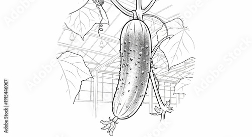 A single cucumber hangs from a vine in a greenhouse