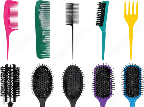 Collection of colorful hair combs and brushes, styling tools assortment, beauty salon equipment, hair care accessories, professional grooming set, hairstyling essentials illustration