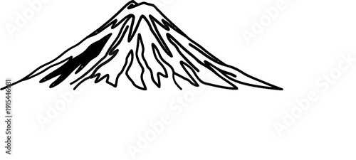 A rough black and white drawing of a conical mountain peak with shadowed crevices