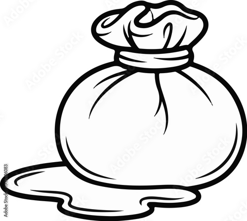 A round cloth bag with a tie, partially submerged in a pool of liquid