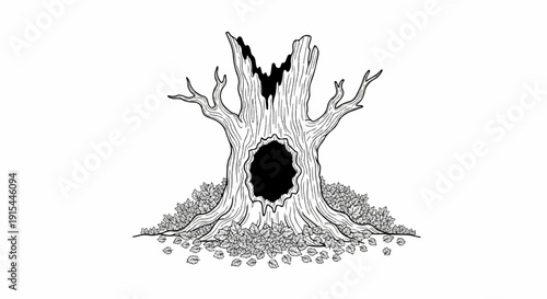 A stark, hand-drawn image of a hollow, dead tree surrounded by fallen leaves