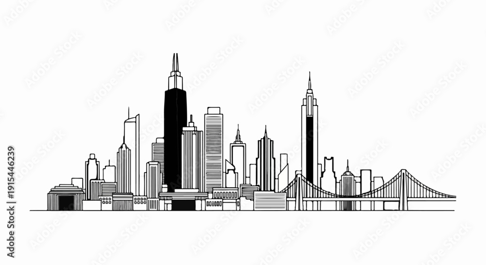 Obraz premium A stark, monochromatic line drawing depicts a dynamic city skyline with a prominent suspension bridge
