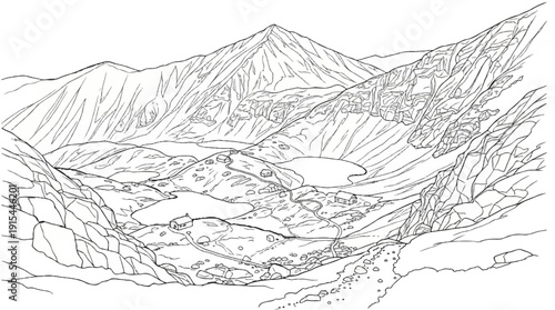 A stark, linear drawing depicts a rugged mountain range with scattered structures and lakes