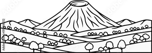 A stark, linework illustration of a conical mountain with rolling hills and scattered trees