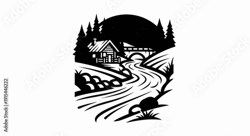 A rustic cabin by a winding river and a stone bridge