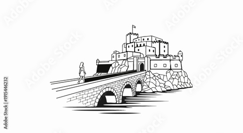 A solitary figure crosses a stone bridge towards a majestic ancient fortress on a rocky outcrop