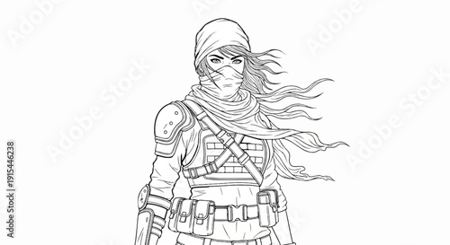 A lone warrior stands ready, face concealed, wind whipping their hair